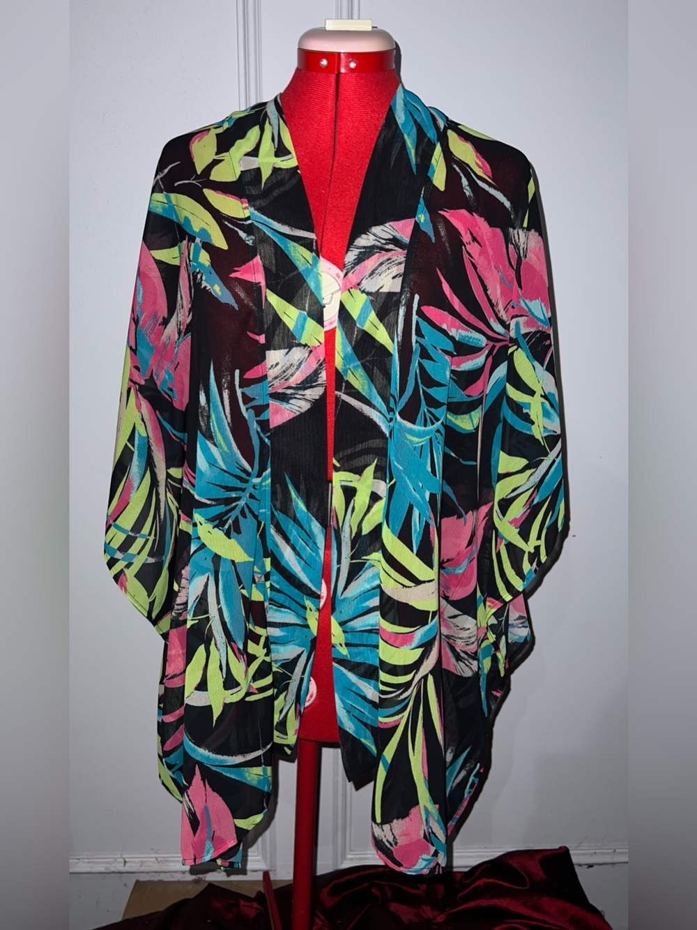 Chico’sWomen’s Tropical Print Swim Cover-Up Kimono - Black Green Pink S/M